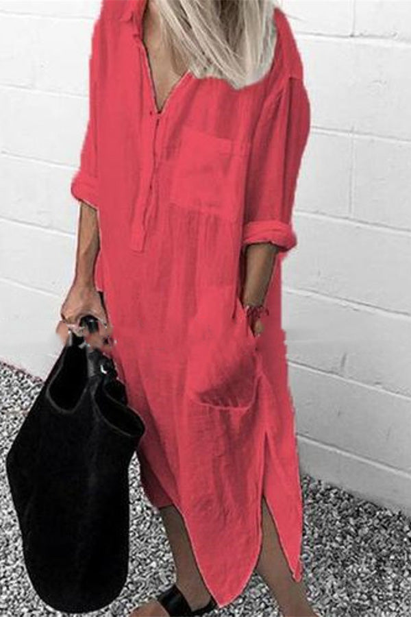 Solid Color V-Neck Long Sleeve Button Slit Shirt Dress
