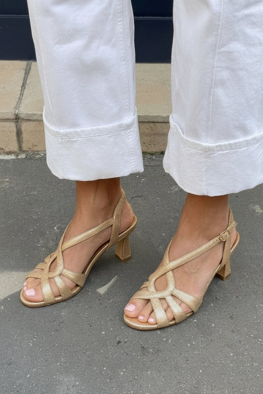 Champagne Gold Multi-Strap Slingback Mid Block Heel Sandals [Pre Order]