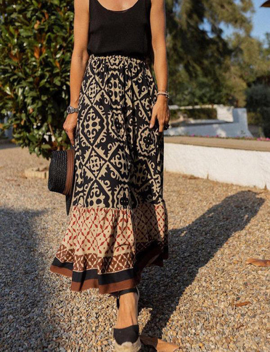 Geometric Print Paneled Swing Maxi Skirt
