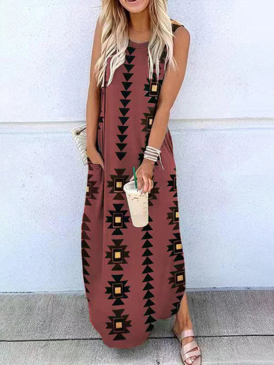 Geometric Hippie Print Pocketed Knit Maxi Dress