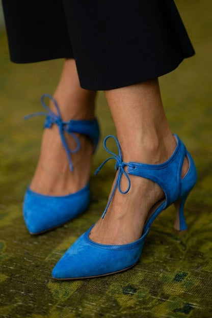 Faux Suede Two-Tone Pointed Toe Bow Tie Kitten Heels