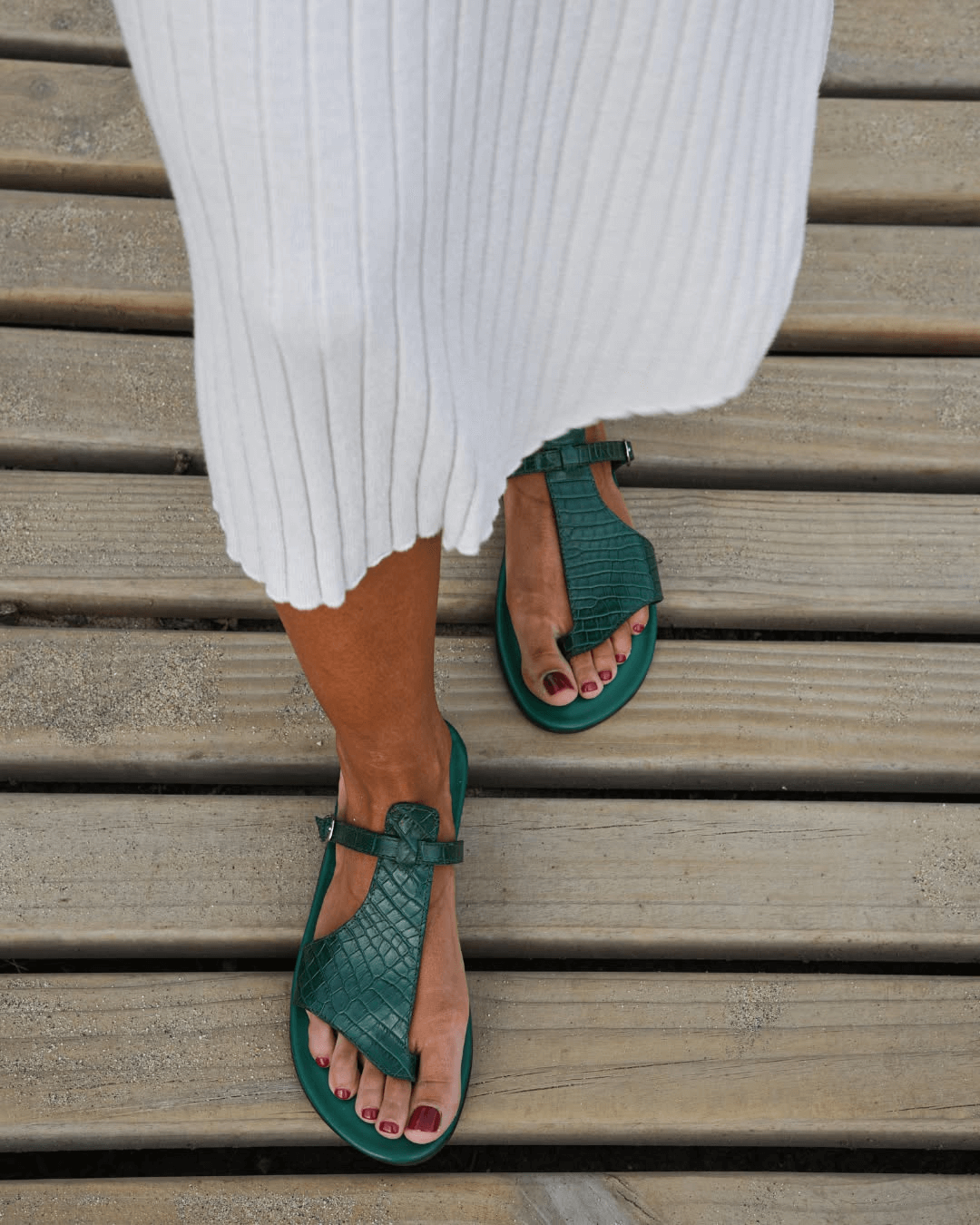 Crocodile Embossed T-Strap Buckle Flat Sandals