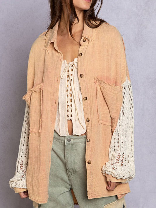 Oversize Button Down Shirt Raw Edge Crochet Sleeve