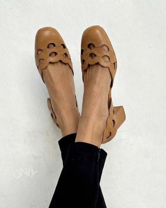 Leather Scalloped Cutout Round Toe Block Heels [Pre Order]