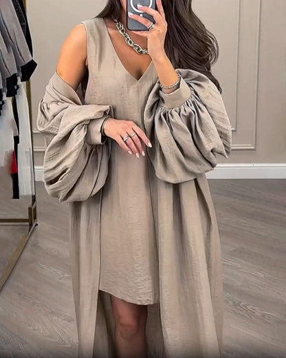 Textured Sleeveless V-Neck Mini Dress Lantern Sleeve Long Cardigan Two-Piece Set
