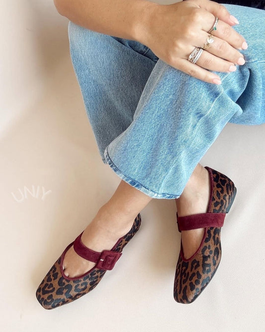 Leopard Print Mary Jane Burgundy Buckle Strap Flats [Pre Order]