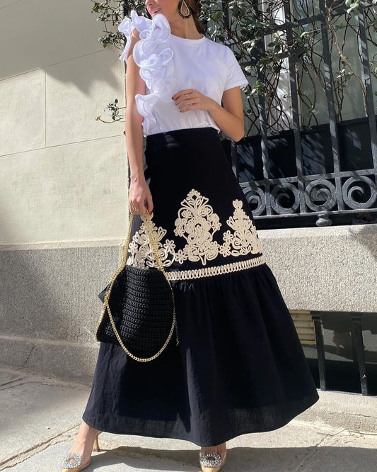 Embroidered Linen Blend Maxi Skirt