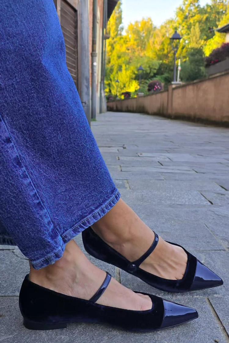 Ristriemen Samt Patchwork Spitzzehen Ballerinas [Vorbestellung]