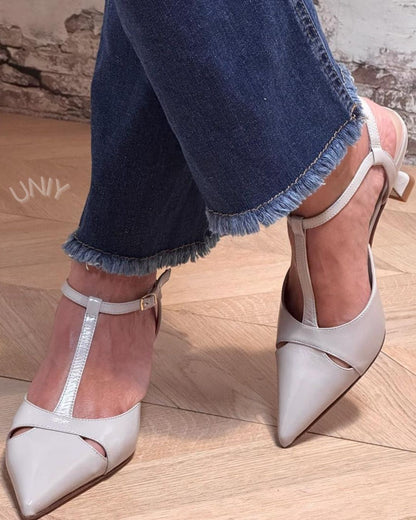 Patent T-Strap Cutout Slingback Mid Heel Pumps [Pre Order]