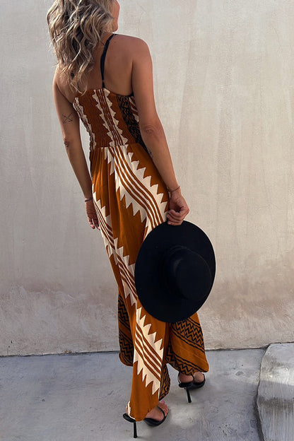 Vestido midi con estampado geométrico y espalda fruncida