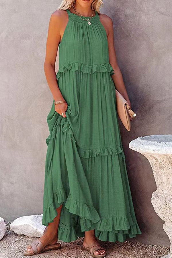 Sleeveless Smocked Halter Neck Irregular Tiered Ruffle Maxi Dress