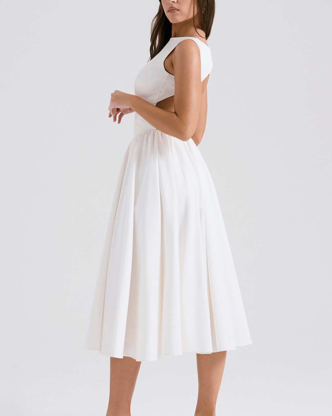 Twill Sleeveless High Neck Basque Waist Midi Sundress