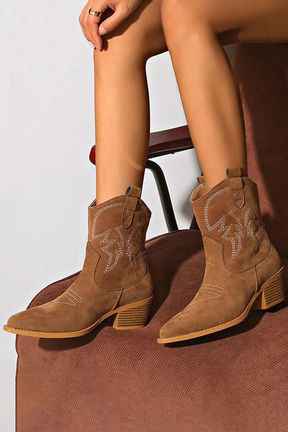 Gorgeous Pointed Toe Chunky Heel Patchwork Stitch Detail Ankle Boots