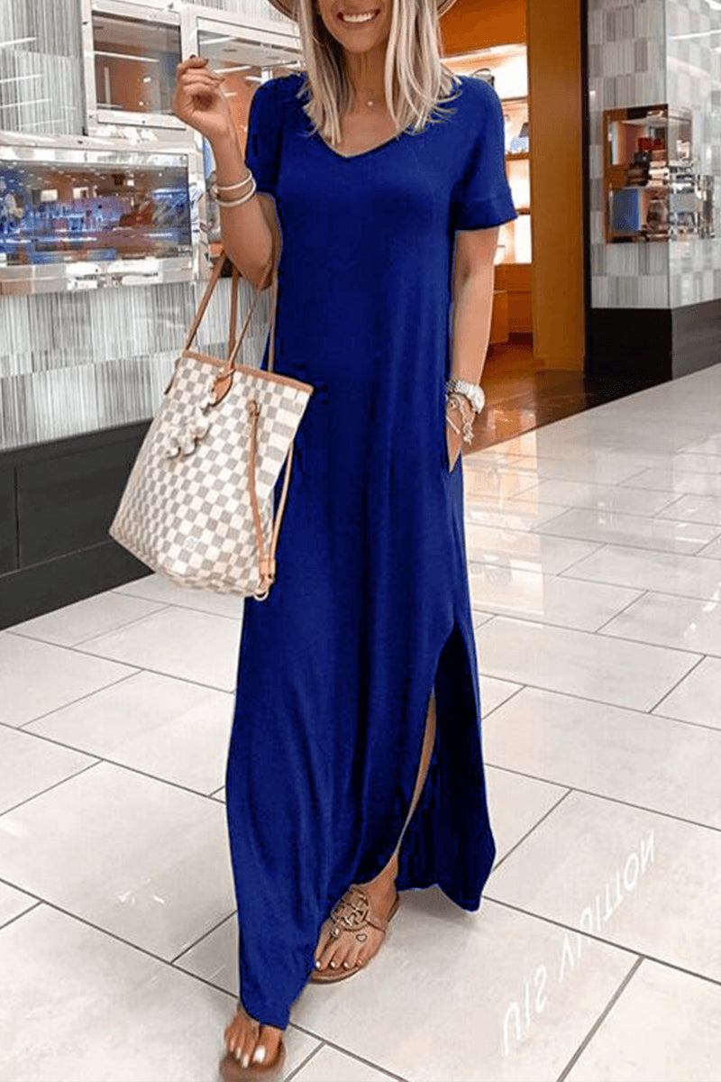 V Neck Short Sleeve Slit Maxi Dress