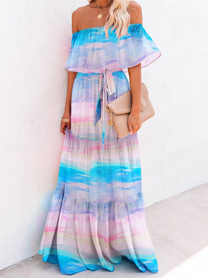 Off Shoulder Polka Dot Ruffle Maxi Dress