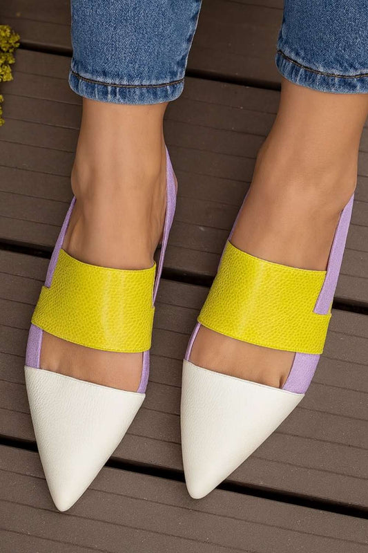 Colorblock Yellow Lavender Square Heel Pointed Flats [Pre Order]