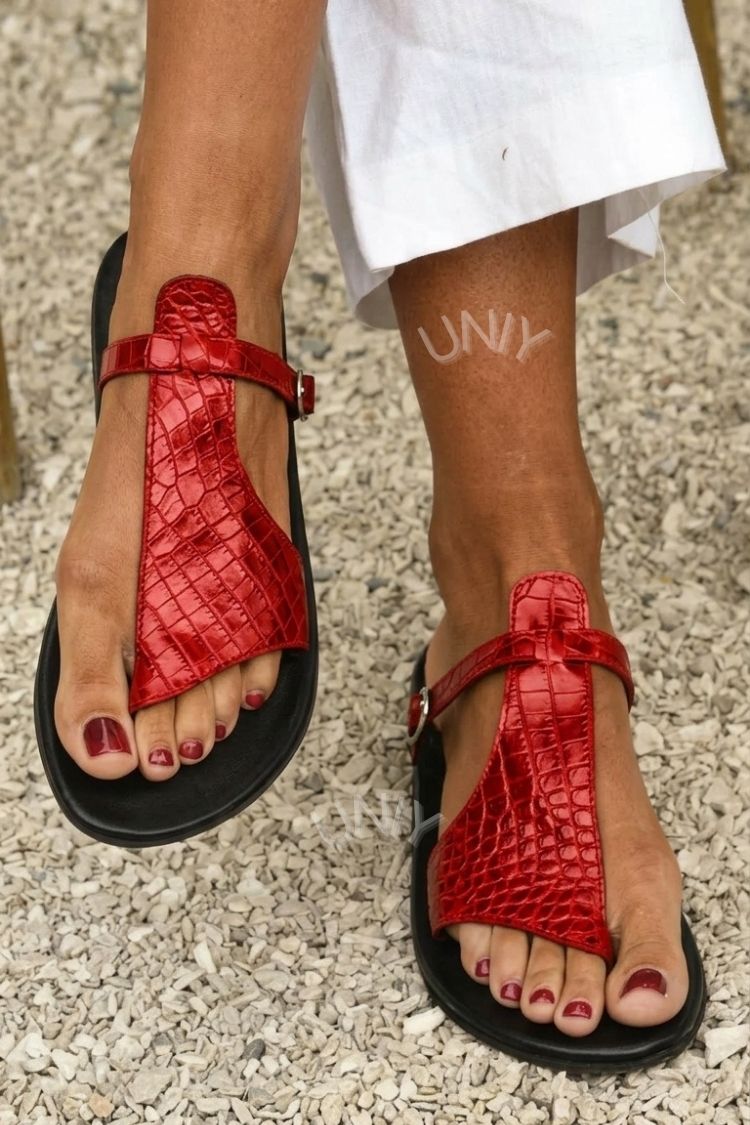 Crocodile Embossed T-Strap Buckle Flat Sandals