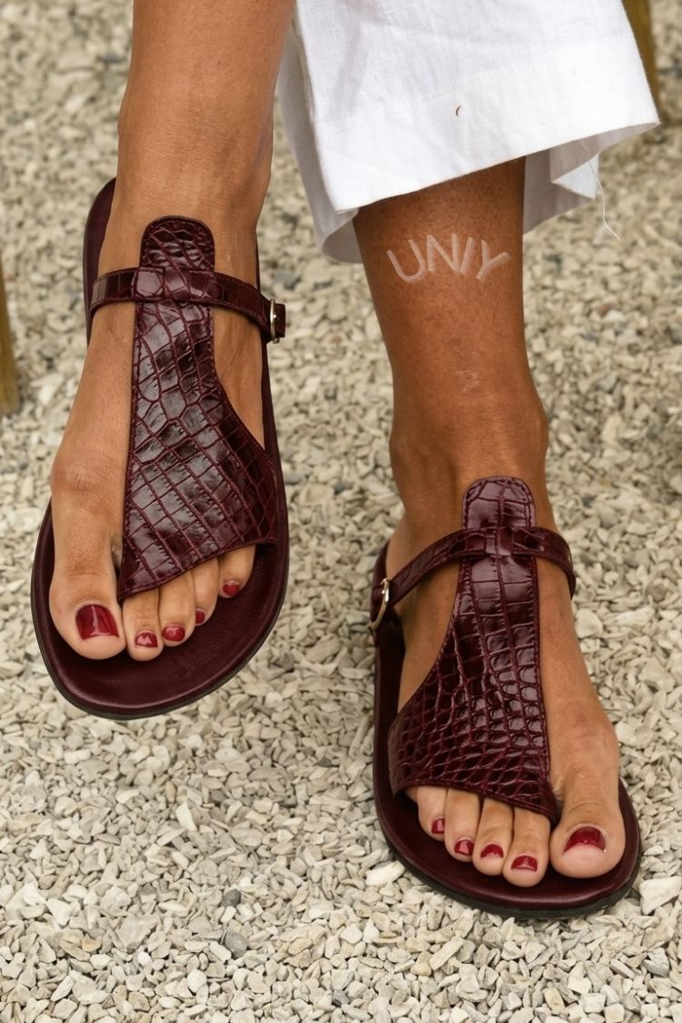 Crocodile Embossed T-Strap Buckle Flat Sandals