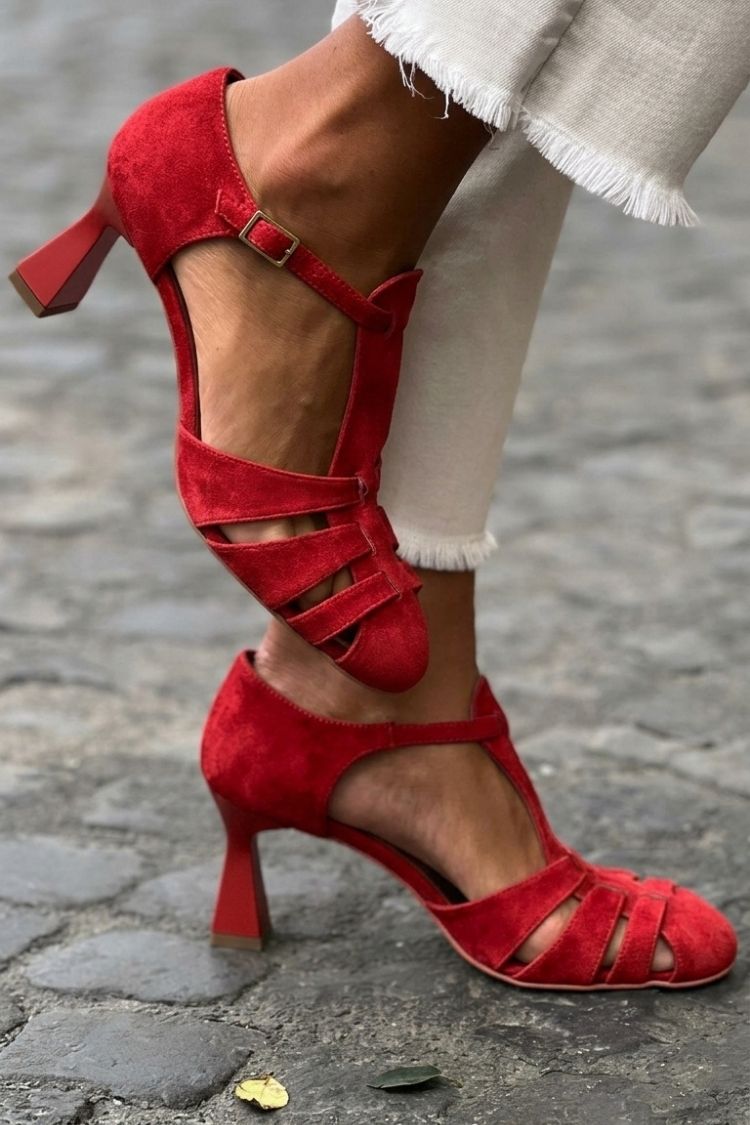 Suede Cutout Buckle Strap Closed Toe Flare Heels