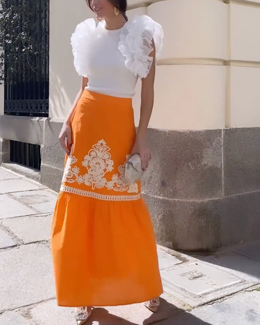 Embroidered Linen Blend Maxi Skirt
