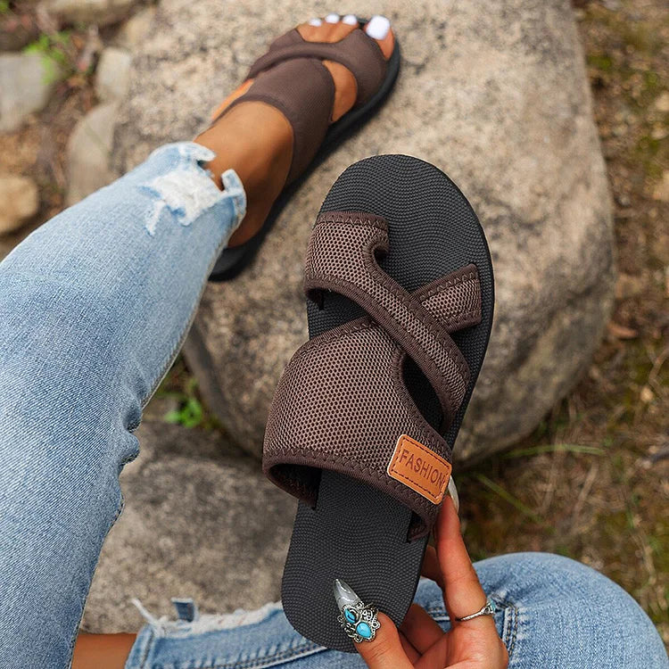 Plain Cross Belt Toe Ring Breathable Platform Muffin Slippers