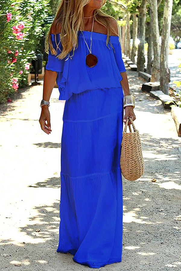 Casual Off Shoulder Ruffle Tiered Beach Maxi Dress