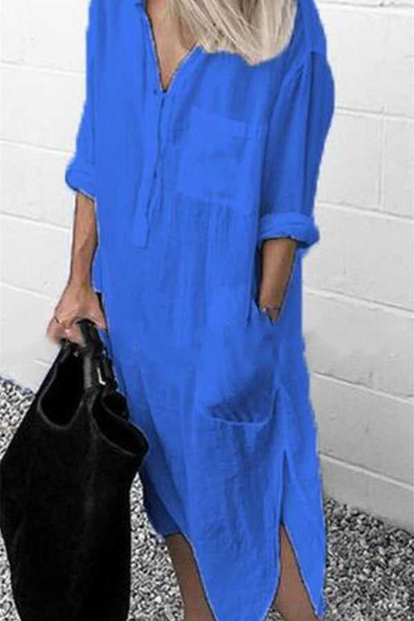 Solid Color V-Neck Long Sleeve Button Slit Shirt Dress