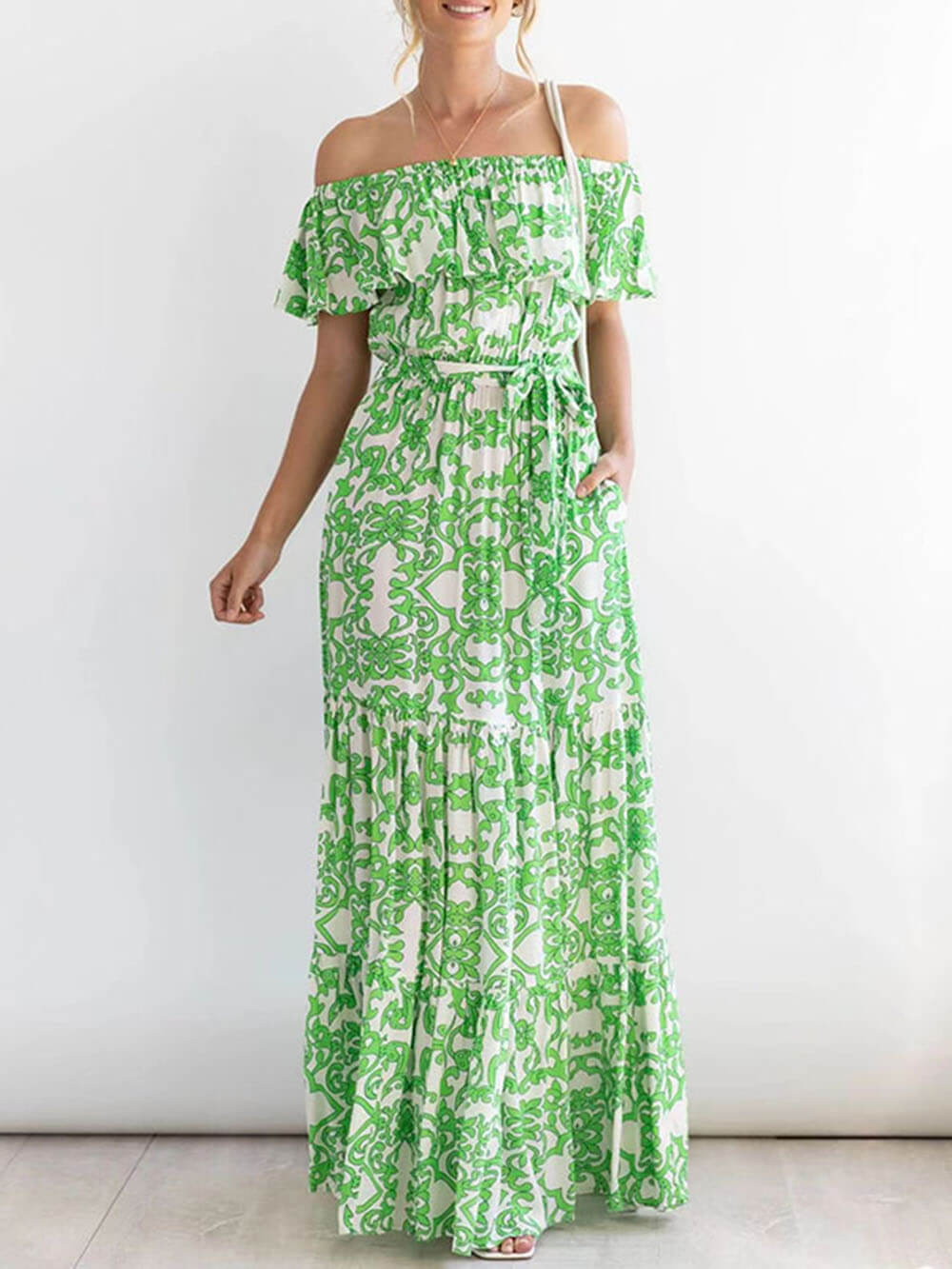 Off-Shoulder Short-Sleeve Printed Ruffle Tiered Maxi Dress