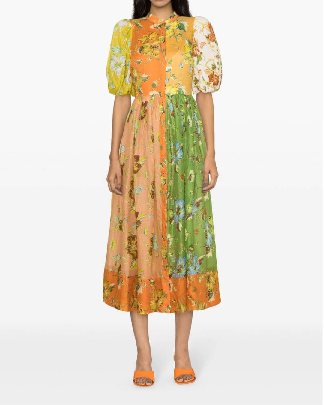 Floral Print Midi Dress Puff Sleeve Button Front High Neck