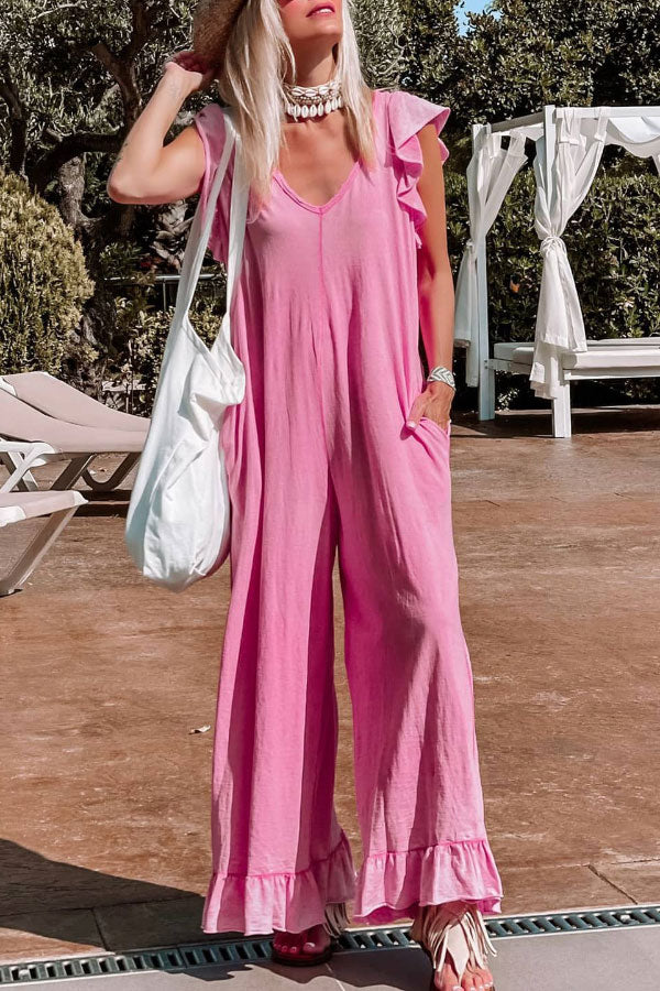 Jumpsuit mit V-Ausschnitt, Rüschenärmeln und weitem Bein