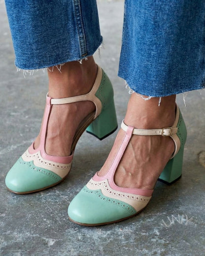 T-Strap Brogue Block Heel Pumps [Pre Order]