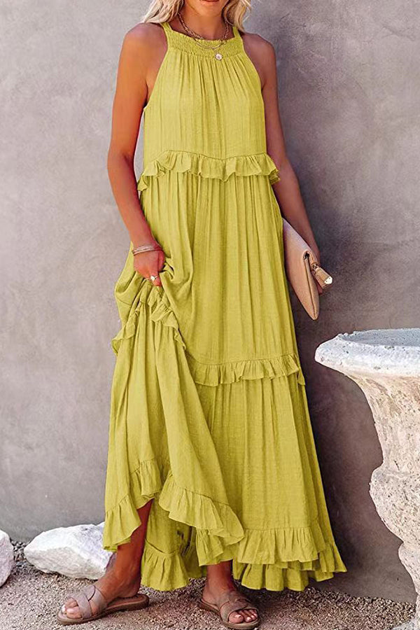 Sleeveless Smocked Halter Neck Irregular Tiered Ruffle Maxi Dress