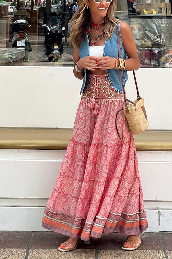 Bohemian paneled patterned maxi skirt