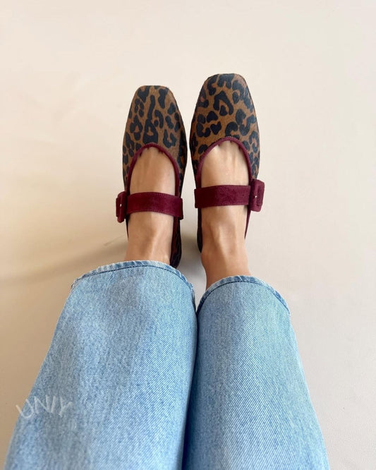 Leopard Print Mary Jane Burgundy Buckle Strap Flats [Pre Order]