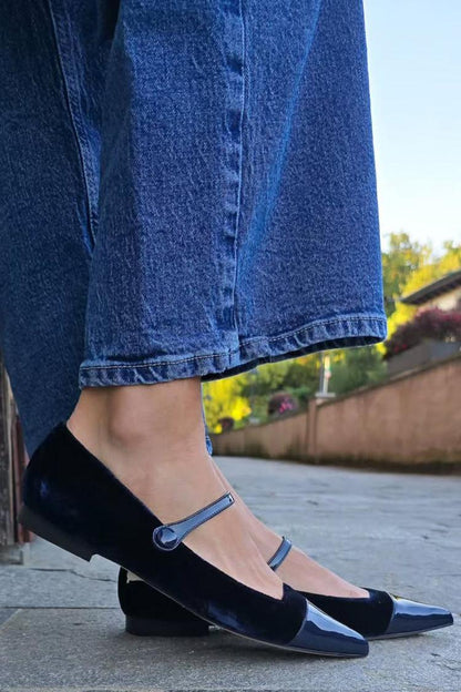 Ristriemen Samt Patchwork Spitzzehen Ballerinas [Vorbestellung]