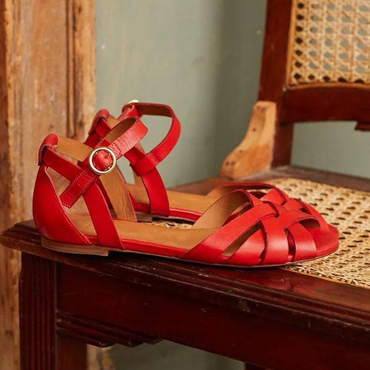 Solid Color Ankle Strap Buckle Hollow Out Peep Toe Sandals