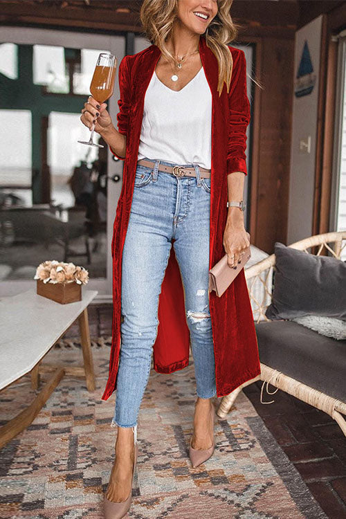 Open Front Long Sleeve Velvet Duster Coat