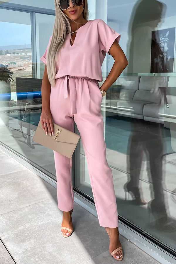 Metal Cutout Neck Belted Pocketed Jumpsuit