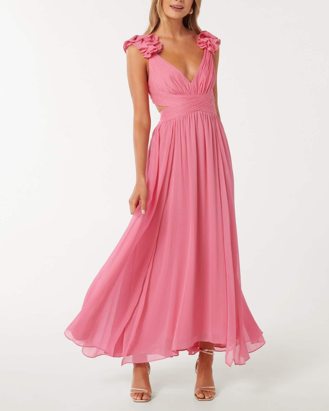 Ruffle Shoulder V-Neck Cut-Out Pleated Maxi Dress