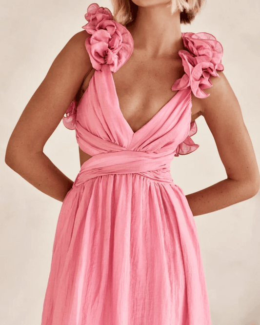 Floral Ruffle Shoulder V-Neck Elastic Waist Maxi Dress