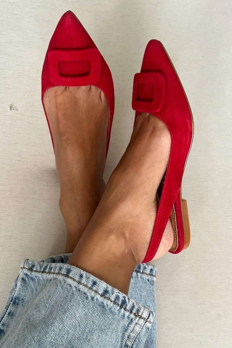 Suede Buckle Detail Pointy Slingback Flats [Pre Order]