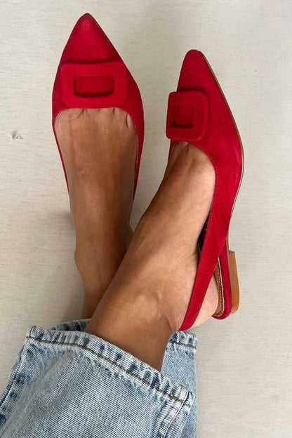 Suede Buckle Detail Pointy Slingback Flats [Pre Order]