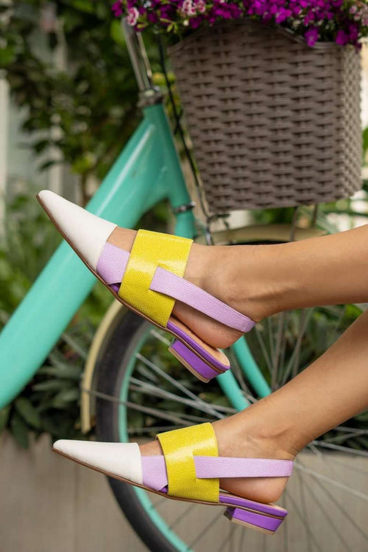 Colorblock Yellow Lavender Square Heel Pointed Flats [Pre Order]