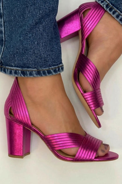 Textured Ribbed Sandals Toe Ankle Strap Gold Peep Heels
