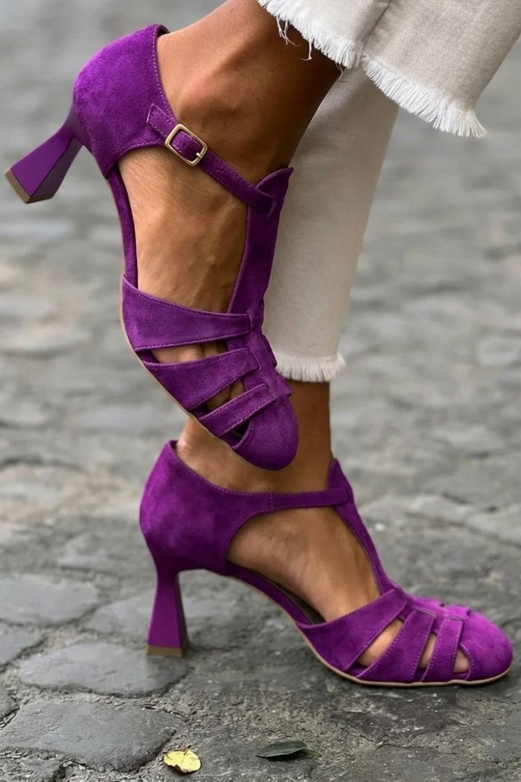 Suede Cutout Buckle Strap Closed Toe Flare Heels