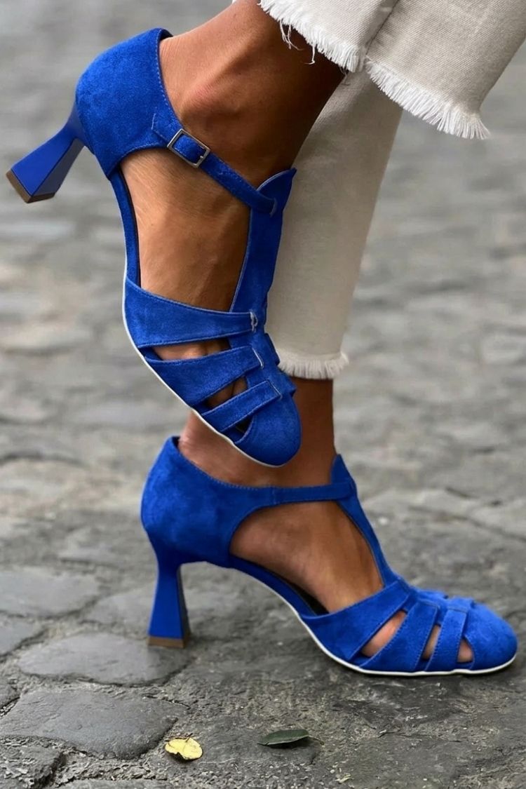 Suede Cutout Buckle Strap Closed Toe Flare Heels