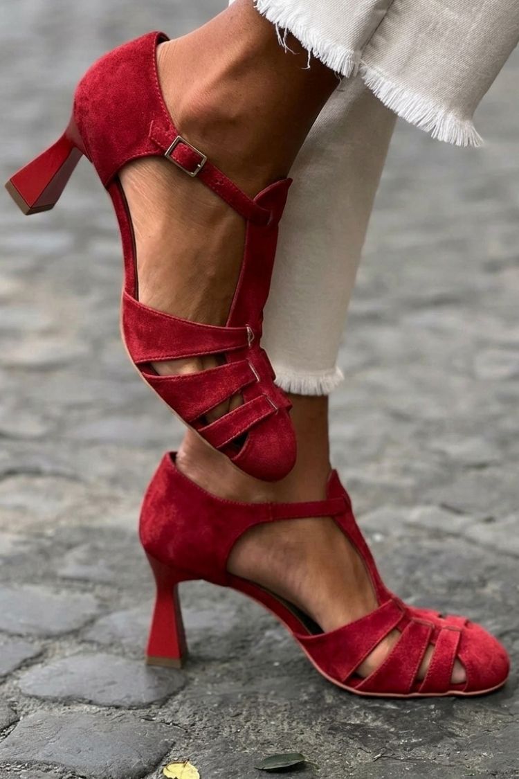 Suede Cutout Buckle Strap Closed Toe Flare Heels