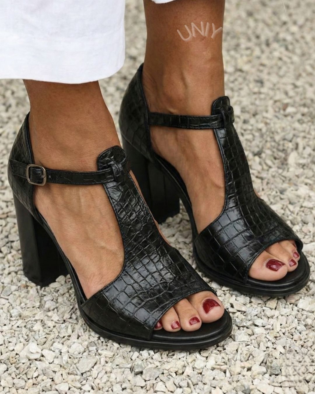 Black Crocodile Embossed T-Strap Chunky Block Heel Sandals [Pre Order]