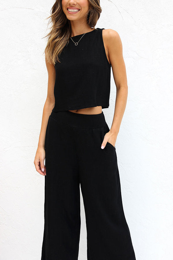 Basic Button Crop Top und Hose mit Taschen Set