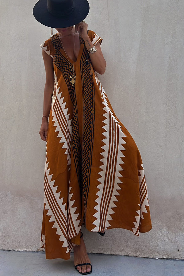 Ethnic Print V-Neck Cap Sleeve A-line Maxi Dress